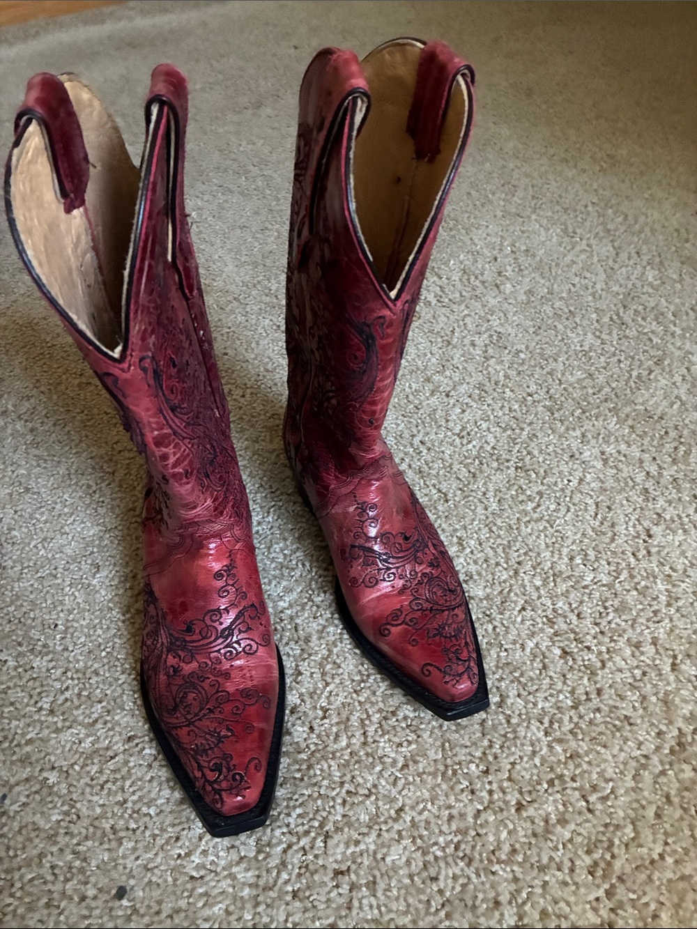 Women's Red Embossed Leather Cowboy Boots